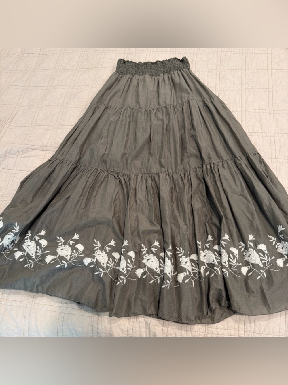 Women's Dark Gray Tiered Maxi Skirt with White embroidered Floral Border